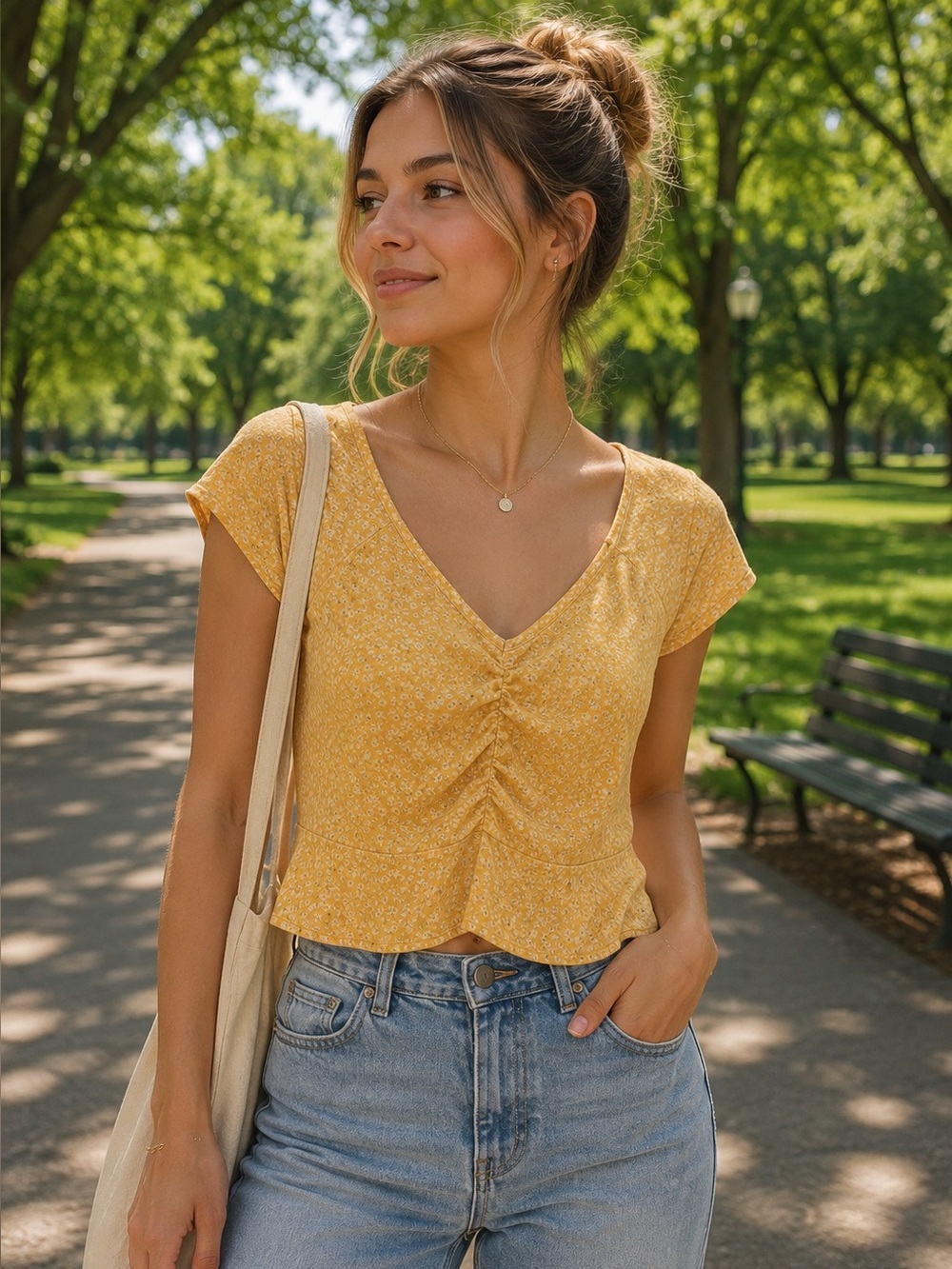 American Eagle Outfitters Yellow Ruched Peplum Crop Top